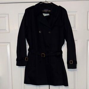 Lands’ End Double Breasted Black Belted Trench Coat 16 Brown buckles